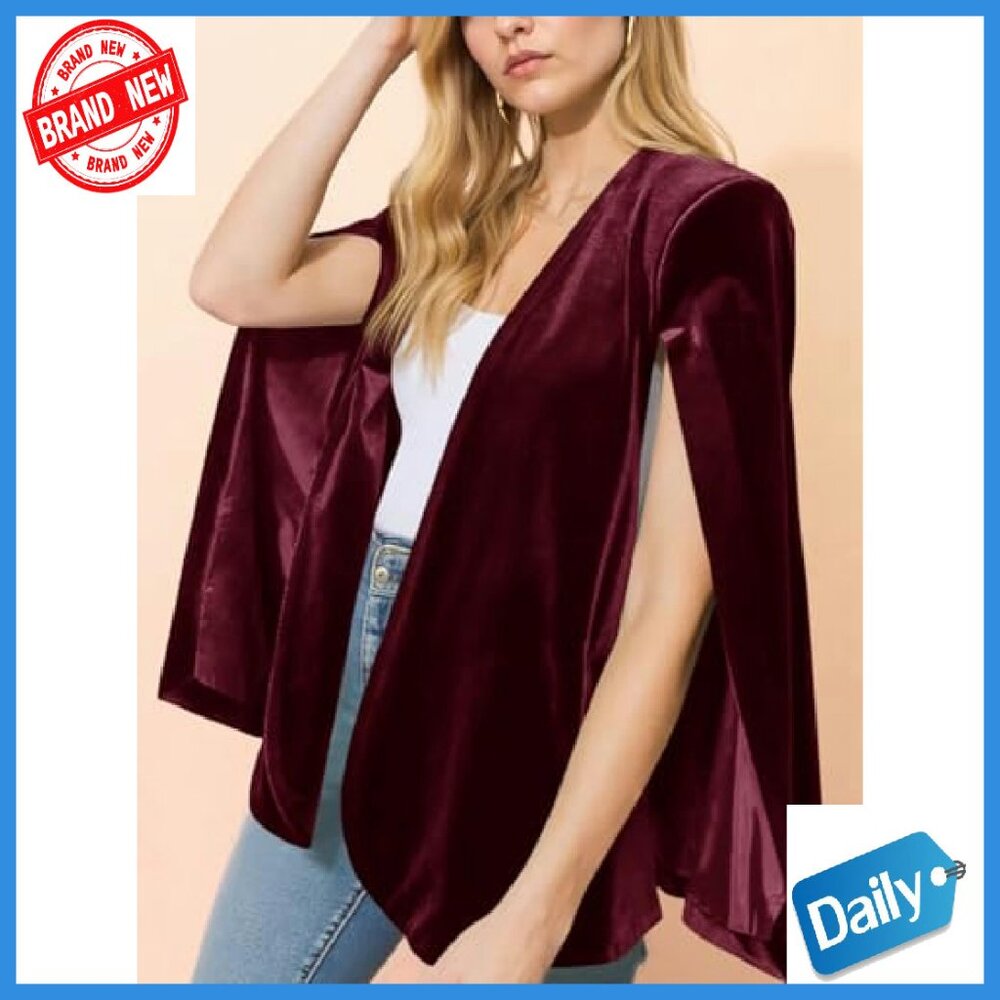 Velvet Cape Blazer Open Front Split Sleeve Jacket Women's Casual Coat - Picture 3 of 8